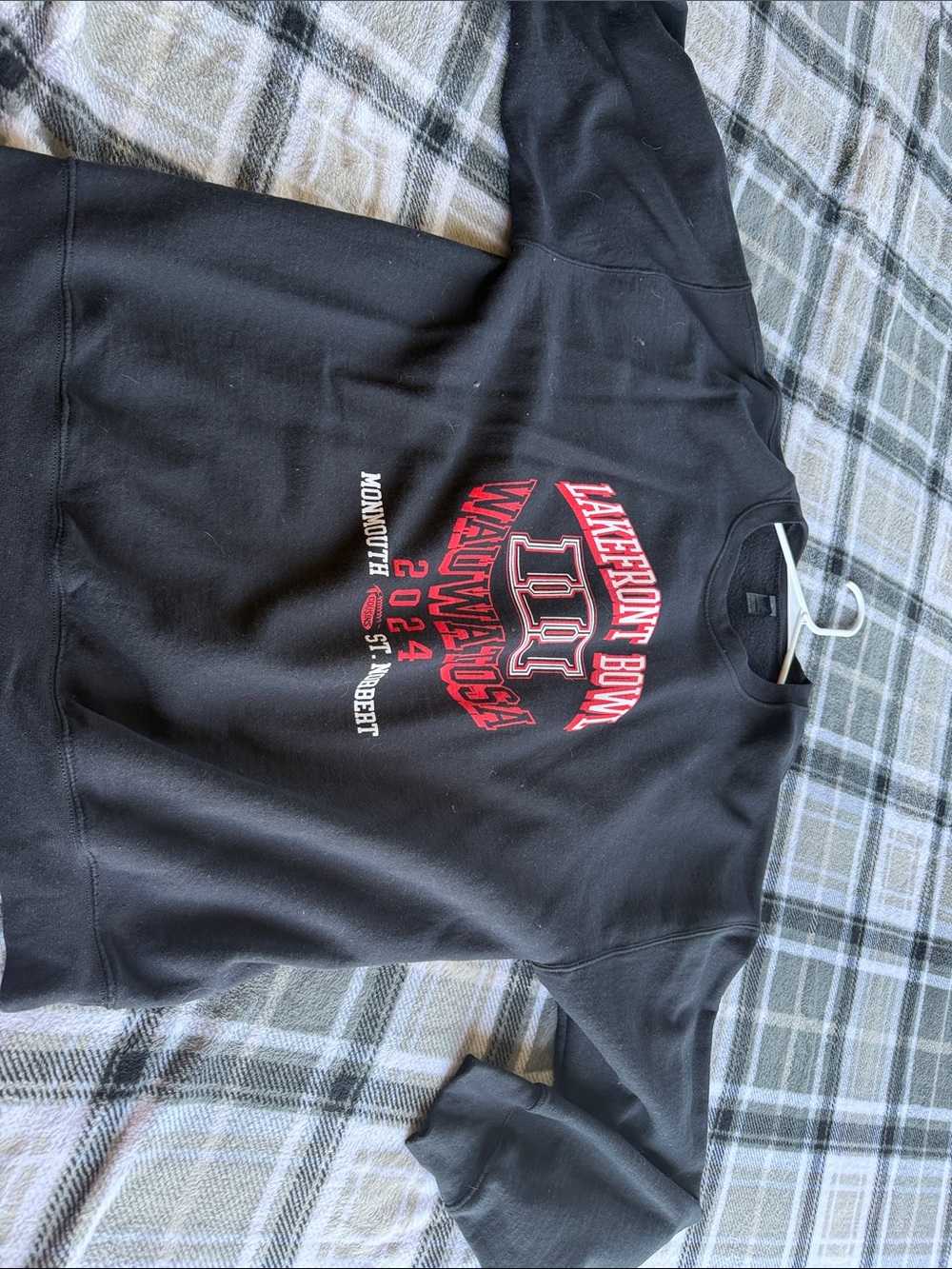 Black Crewneck Sweatshirt with Red and White Graphic